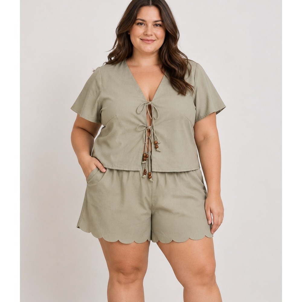 Sage Green Scalloped Hem Shorts and Tie Front Beaded Top Set 2XL